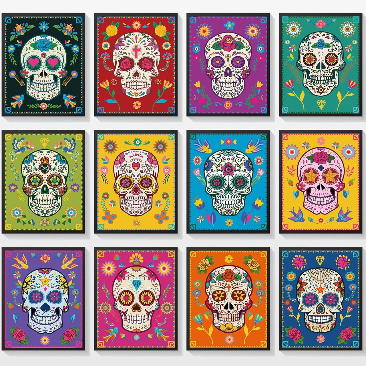 12 Pieces Sugar Skull Decor Art Prints Day of the Dead Poster Dia De Muertos Skulls Wall Mexican Theme for Halloween Fiesta